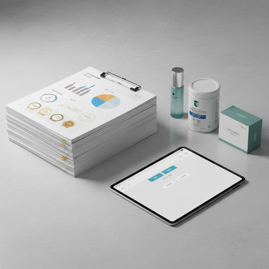 An elegant desktop scene featuring a stack of neatly printed brand evaluation reports in Chinese, each with clear bar charts, radar charts, and ranking badges on high-quality matte white paper. A slim metallic clipboard holds the top sheet, flanked by color-coordinated sample products: a minimalist serum bottle, a nutrition supplement canister, and a small box representing education services. A tablet nearby shows a comparison interface with tabs for price, features, and FAQs. Cool, balanced studio lighting creates even illumination with subtle shadows and crisp detail. Captured from a slightly elevated angle using the rule of thirds, the composition feels analytical, precise, and authoritative, with a photographic, corporate aesthetic ideal for a professional evaluation platform.