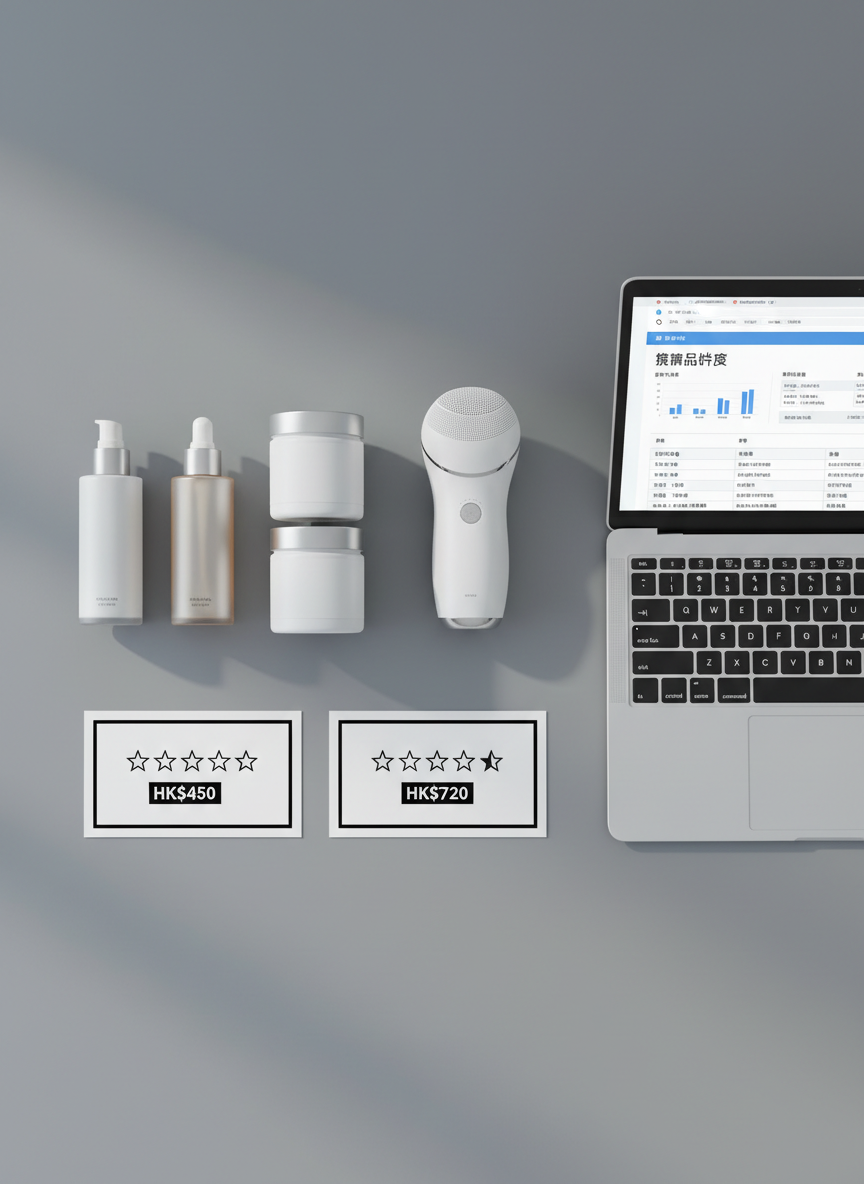 A sleek, uncluttered flat lay of several product comparison elements arranged on a cool grey tabletop: neatly aligned skincare bottles, supplement jars, a minimalist electronic beauty device, and a pair of simple product rating cards with five-star icons and price tags. Beside them, a thin silver laptop displays a clean interface of a ranking chart and comparison table in Chinese, with crisp typography. Soft, diffused daylight from the left creates gentle reflections on the glossy packaging and the metal laptop surface. Shot from a perfectly overhead, bird’s-eye view with sharp focus across the frame, the mood is professional, organized, and trustworthy, embodying a photographic realism and clean, modern aesthetic suited to a Hong Kong brand review website.