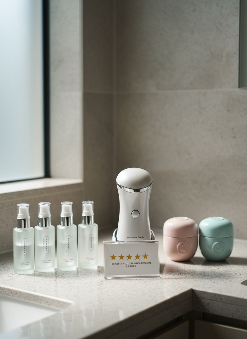 A refined bathroom vanity setup displaying three distinct skincare and beauty brands side by side: frosted glass serum bottles with metallic pumps, a glossy white facial device, and pastel-toned cream jars, each with discreet Chinese label elements suggesting Hong Kong brands. They are arranged on a light stone countertop with a small, clear acrylic stand holding a simple rating card showing stars and key benefits. Natural daylight pours in from a nearby frosted window, creating soft highlights on the glass and gentle, clean shadows. Shot at eye level with a shallow depth of field that keeps the products in sharp focus while the tiled background blurs into a neutral bokeh. The mood is fresh, clinical yet inviting, with realistic, modern photographic styling perfect for beauty product reviews.